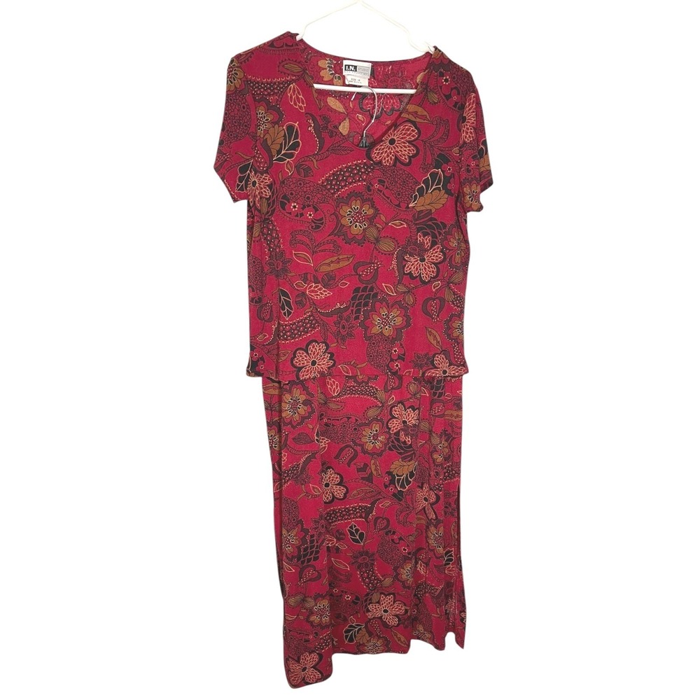 I.N. Studio 16 Red Floral Paisley 2 Piece Maxi Skirt Set V-Neck Boho Whimsigoth
